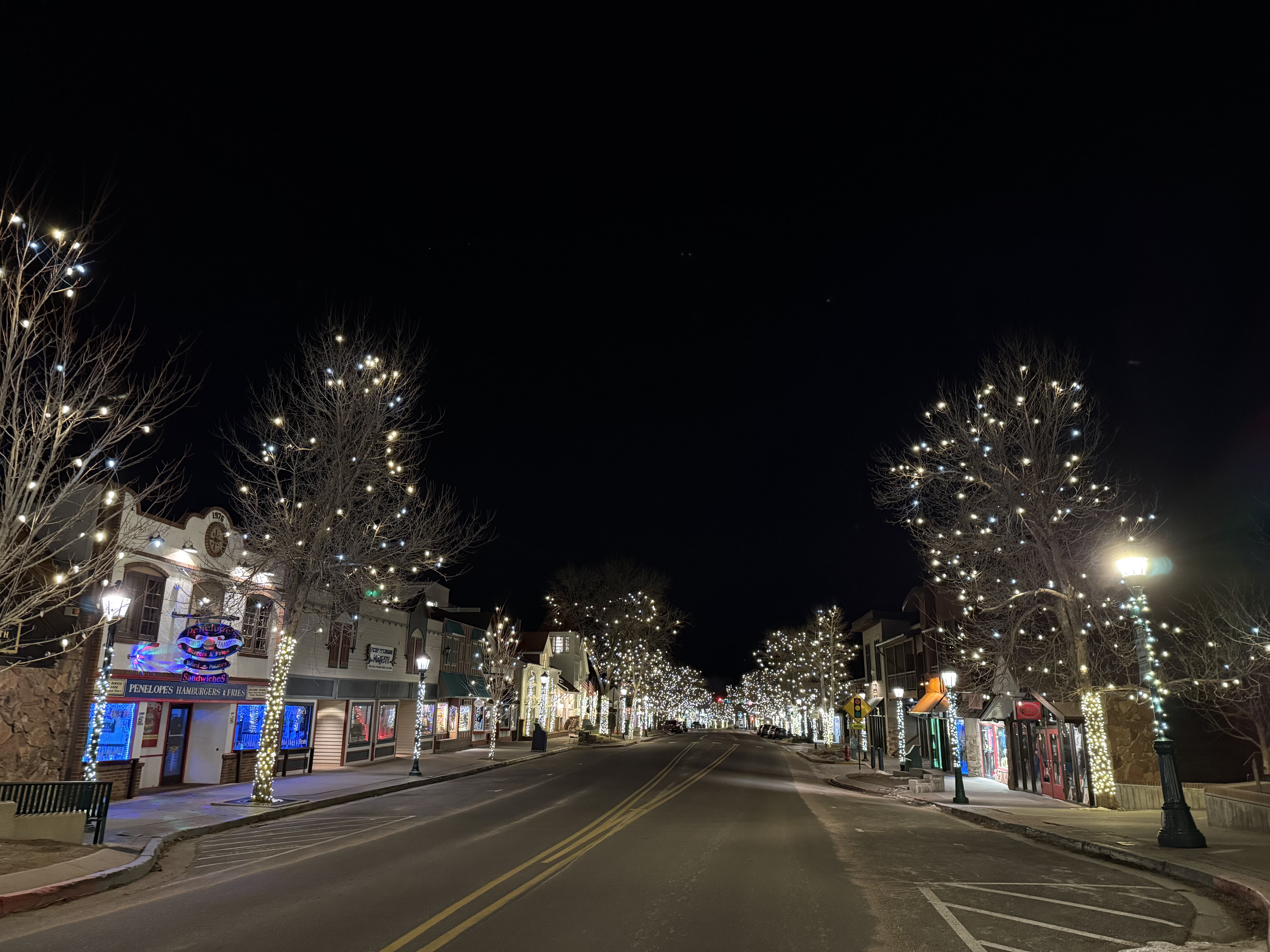 Downtown Estes Park lit up at night