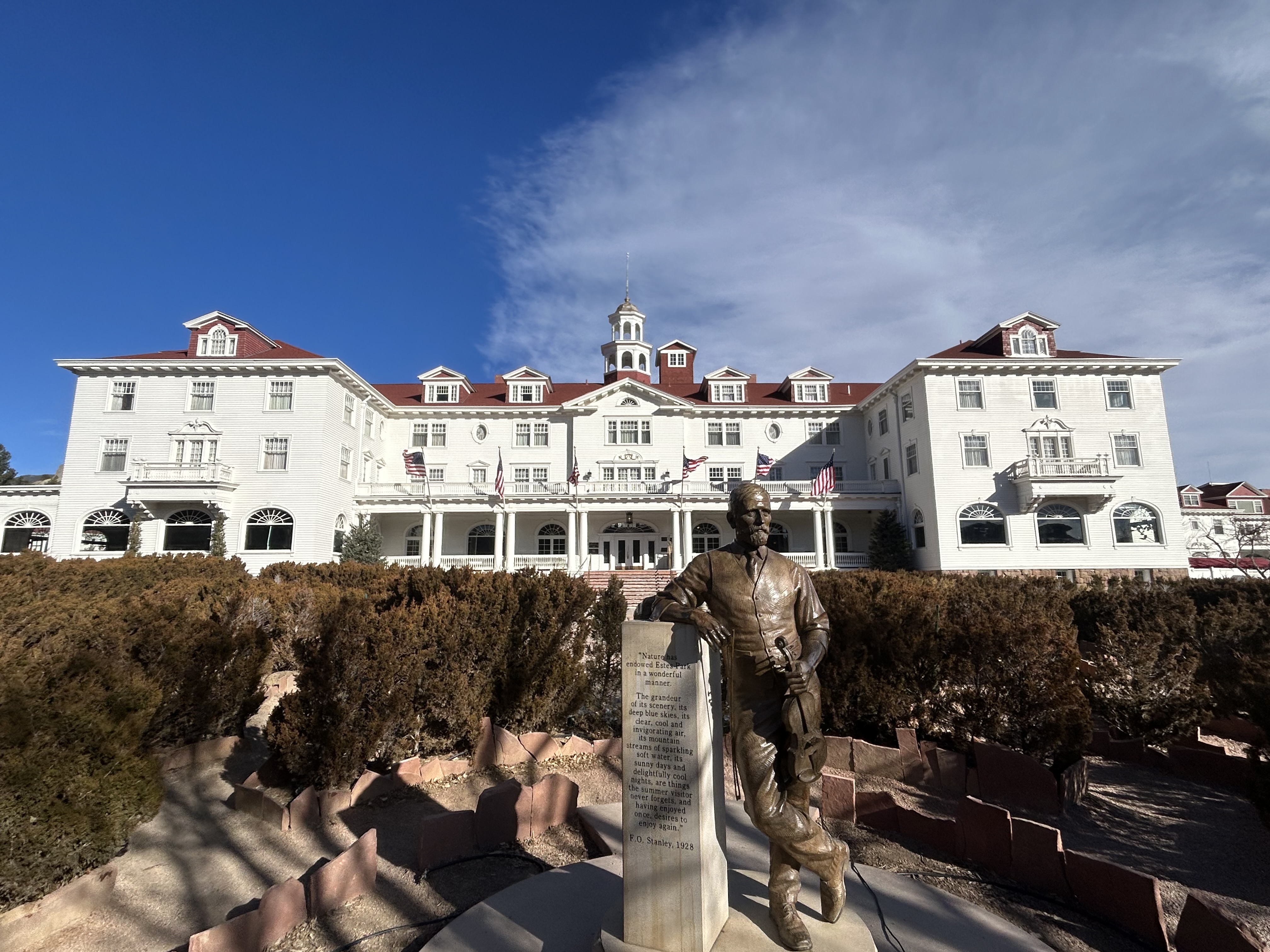 The Stanley Hotel with the F.O. Stanley statue, Estes Park, Colorado