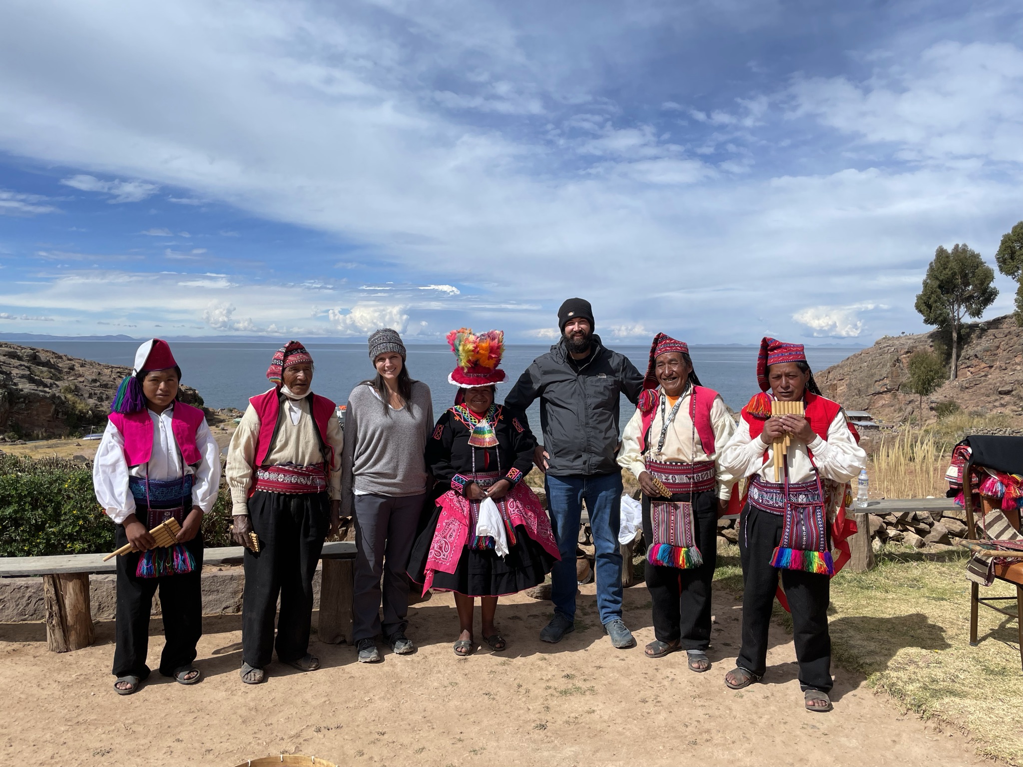 With the residents of Isle Taquile in traditional dress, Lake Titicaca