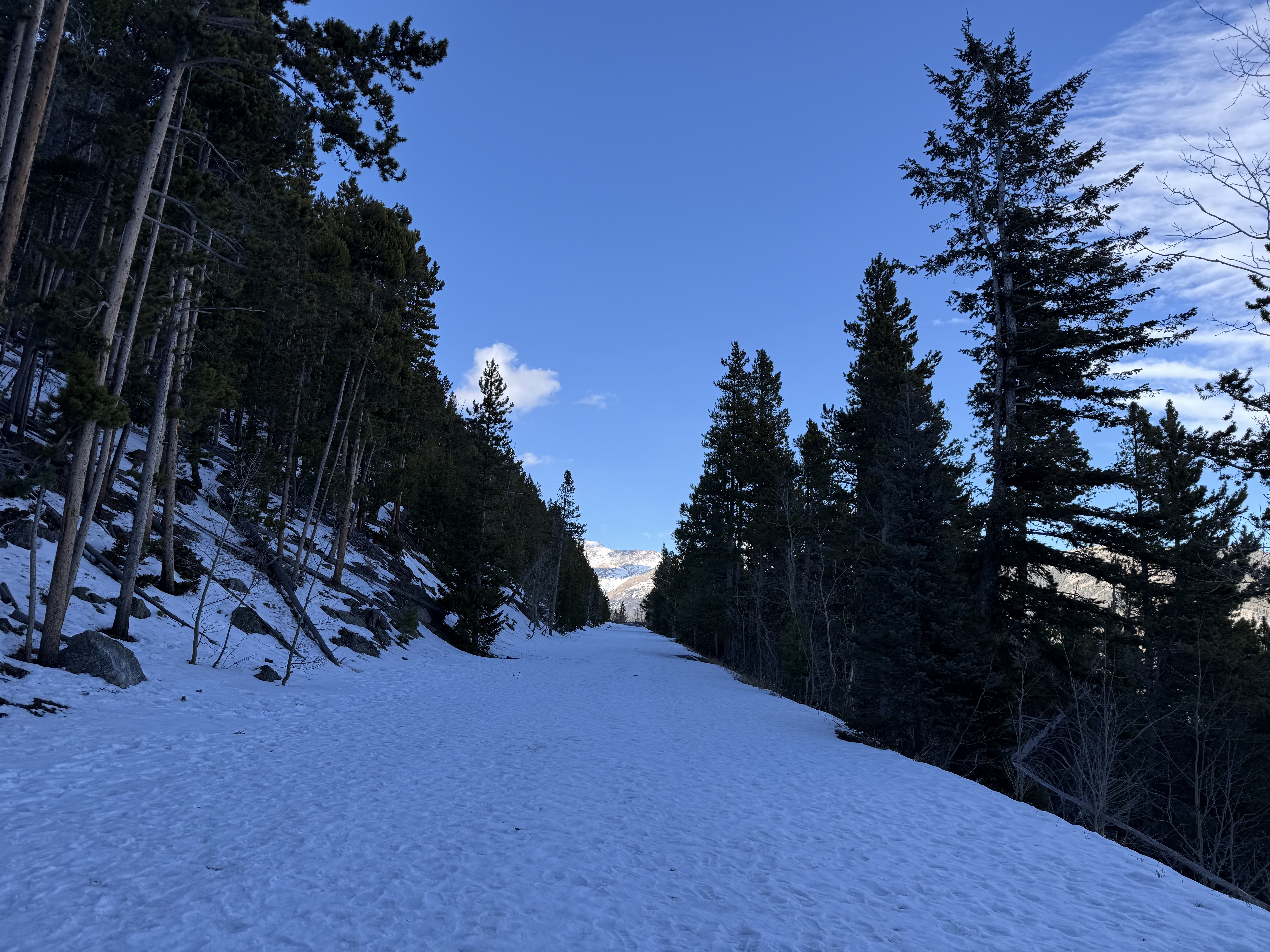 A snow-covered stretch of the closed Trail Ridge Road in Rocky Mountain National Park