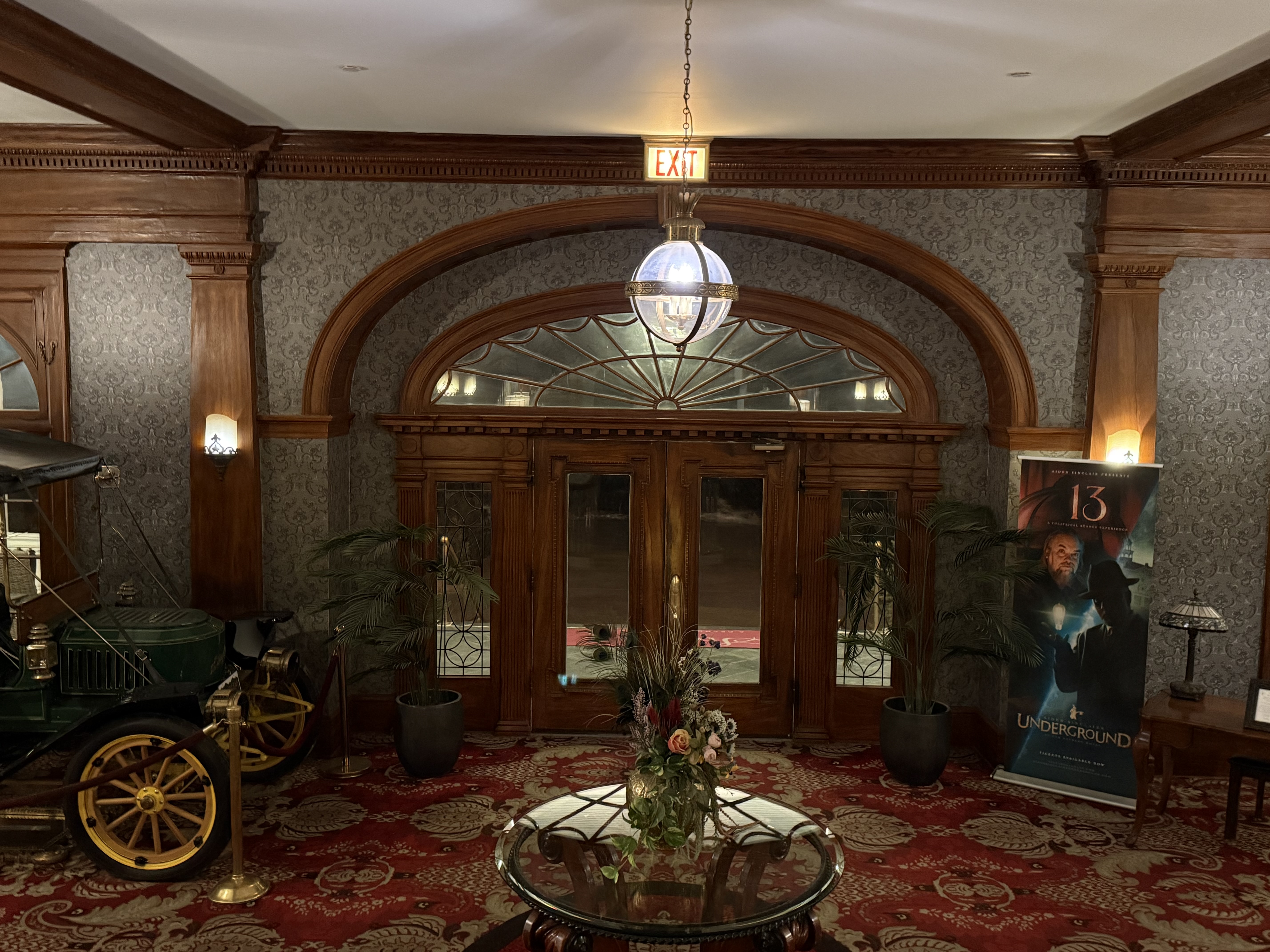 The Stanley Hotel lobby, lit up in the evening