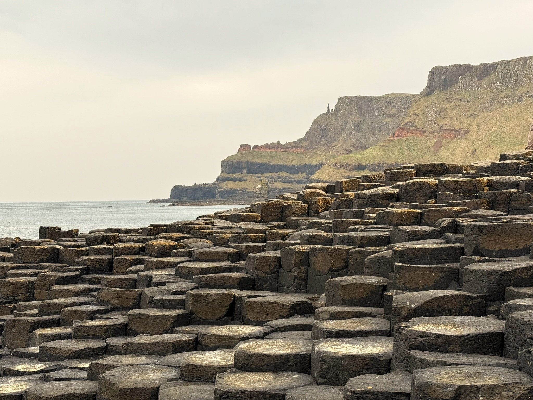 Giant's Causeway from above — hexagonal basalt columns meeting the sea