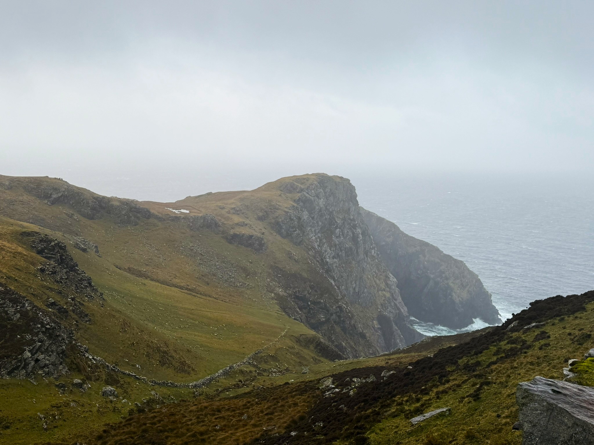 Slieve League cliffs in wind and mist, County Donegal